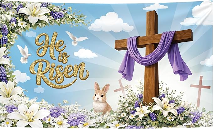 Large Happy Easter Banner 72x44 Inch He is Risen Backdrop for Easter