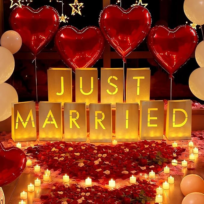 Just Married Luminary Paper Bags with LED Tea Lights Flameless