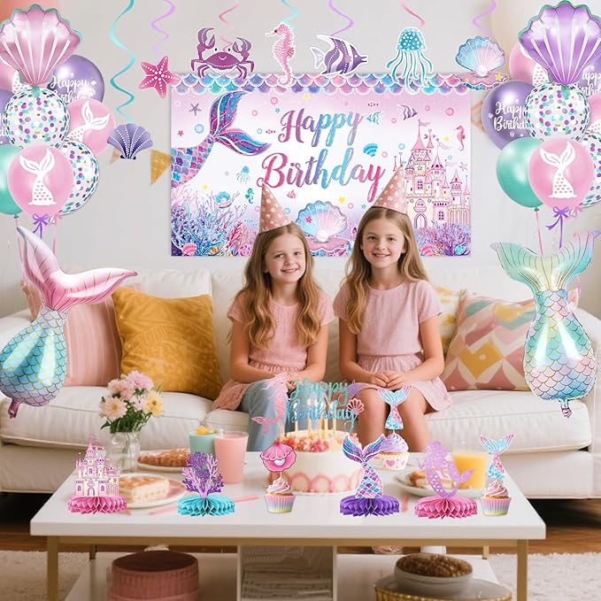Mermaid Birthday Decorations Includes Banner Backdrop Foil &