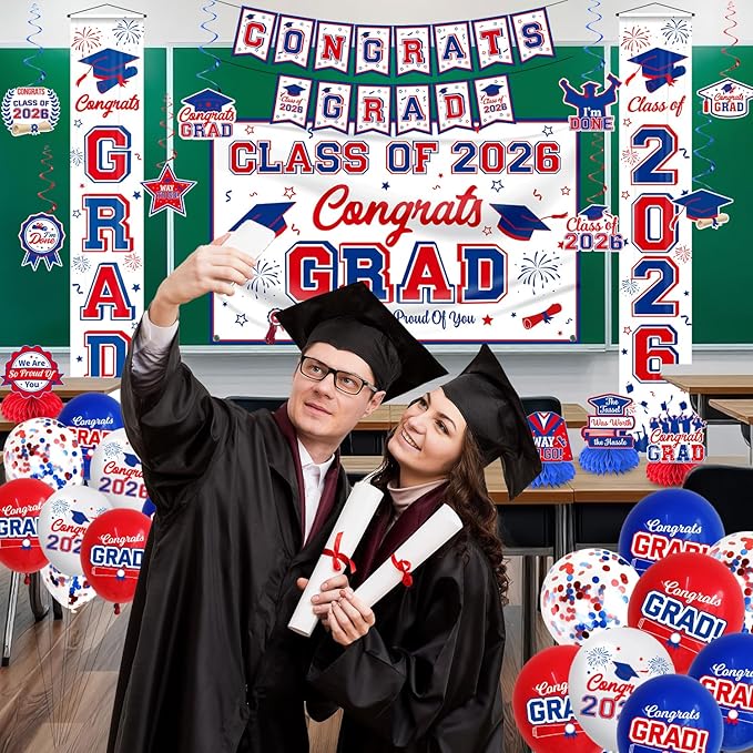 Graduation Decorations 2026 White Blue and Red Graduation Party Decor