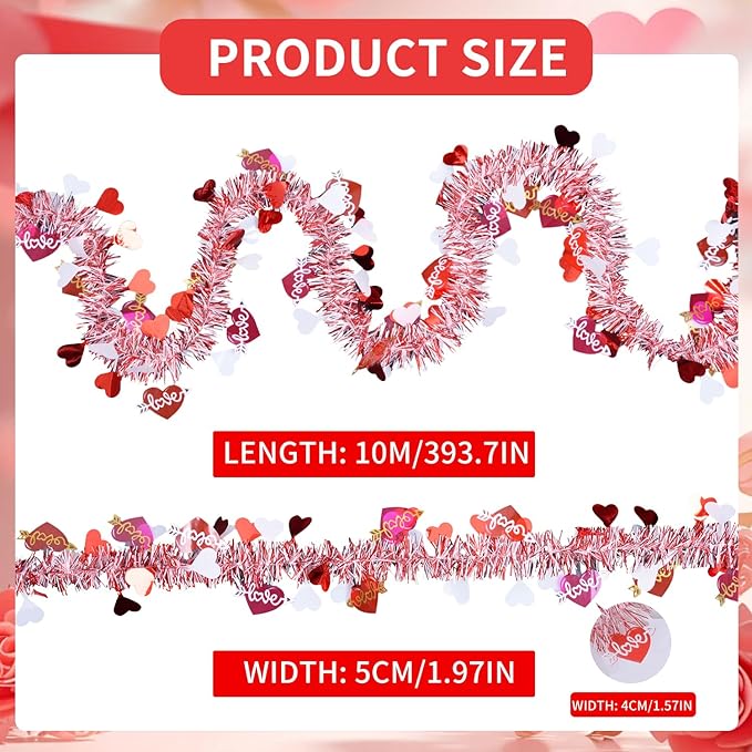33Feet Valentines Day Tinsel Garland Red Pink Love Heart Garland