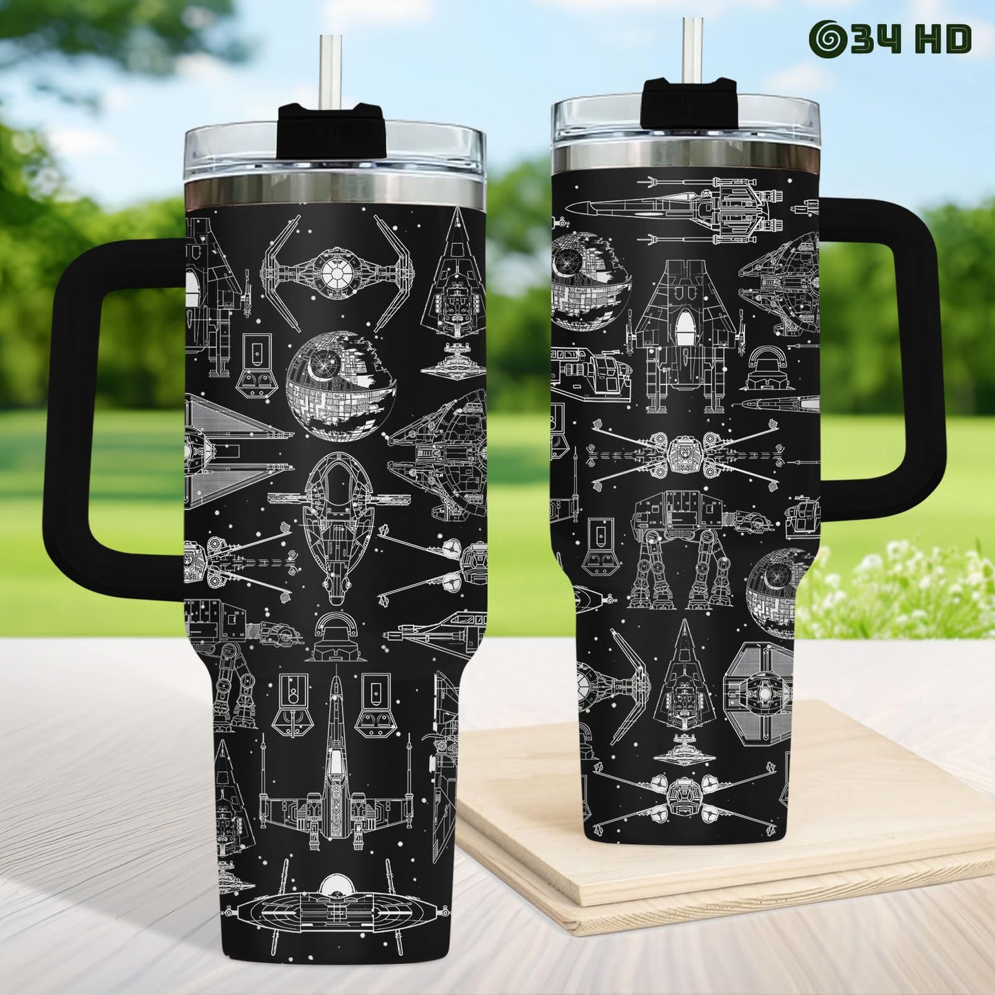 34HD Galaxy Spaceship Tumbler 40oz with Handle and Straw - Sci-Fi Star