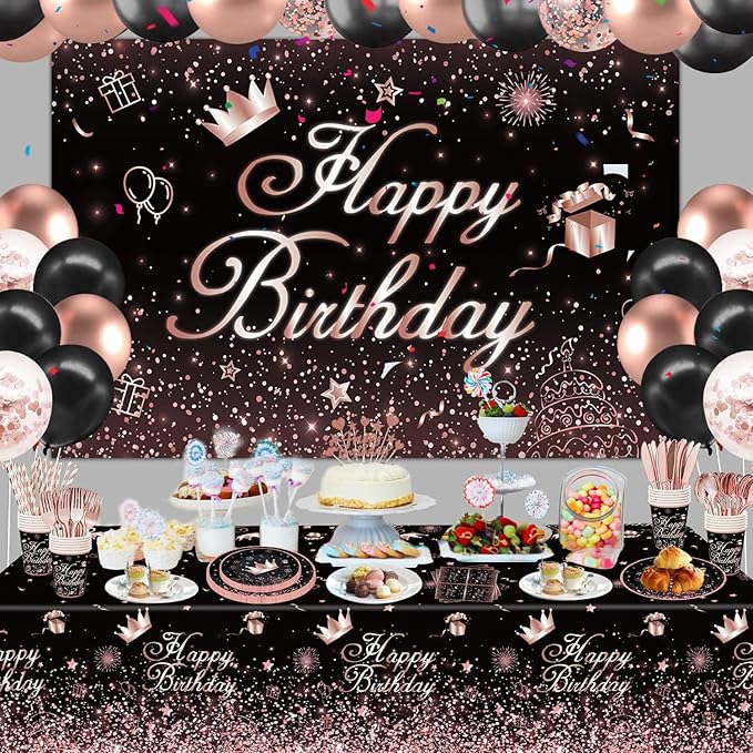 211 PCS Black and Rose Gold Party Decoration Rose Gold & Black Party