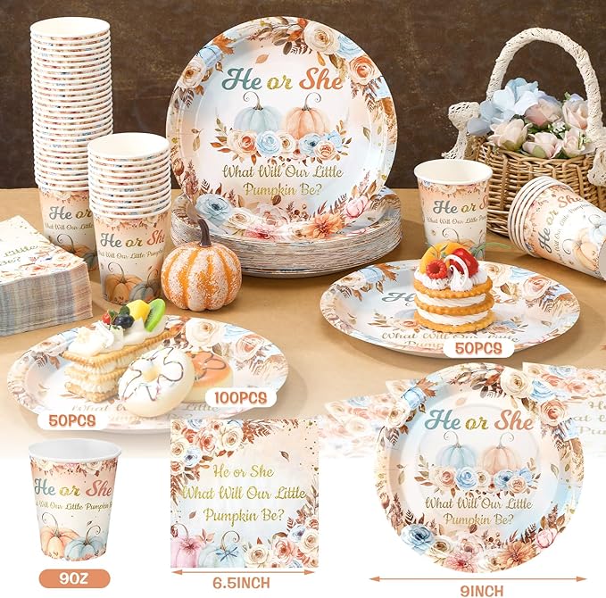 200 Pcs Fall Pumpkin Gender Reveal Baby Shower Paper Plates Napkins