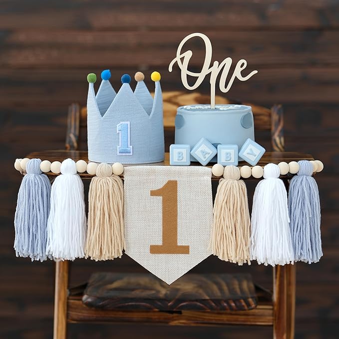 Baby First Birthday Party Decorations Blue High Chair Banner Crown