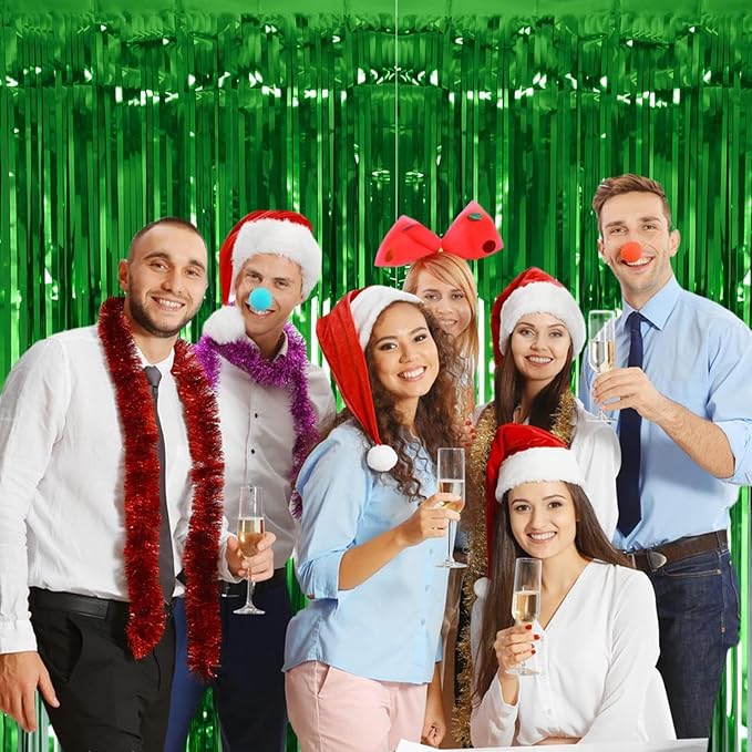 2 Pack Green Tinsel Curtain Party Backdrop, 3.2Ft x 8.2Ft Metallic