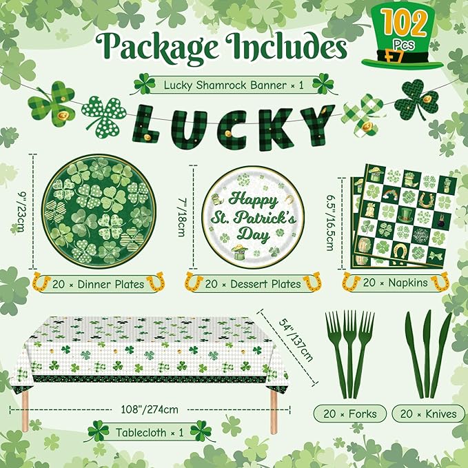 102 Pcs St Patrick's Day Paper Plates and Napkins Green Shamrock