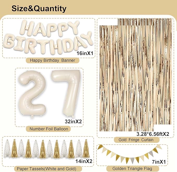 27th Birthday Decorations for Women, White and Gold 27 Boho Birthday