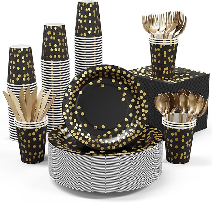 Black and Gold Party Supplies - 350 PCS Disposable Dinnerware Set -
