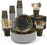 Black and Gold Party Supplies - 350 PCS Disposable Dinnerware Set -