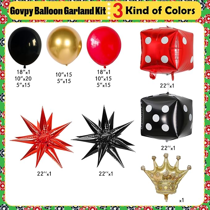 Casino Theme Balloon Arch Kit 104 Pcs Red Black and Gold Metallic