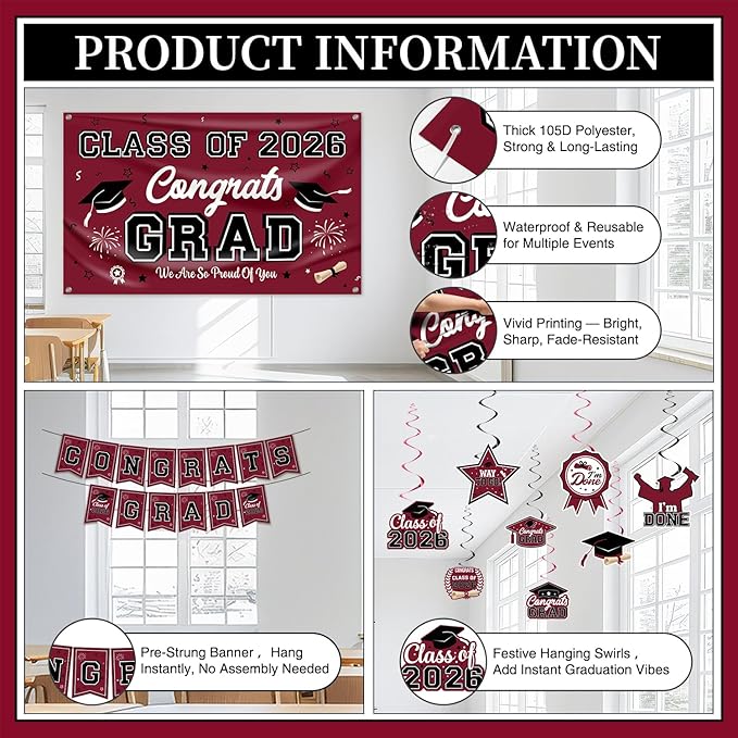 Graduation Decorations 2026 Maroon Graduation Party Decor Set include