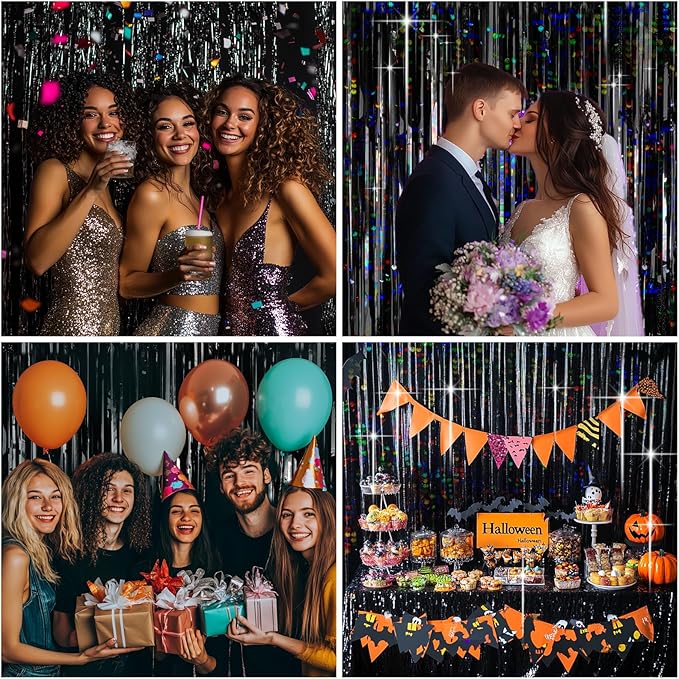 4 Packs Black Foil Fringe Curtain, Glitter Metallic Tinsel Backdrop