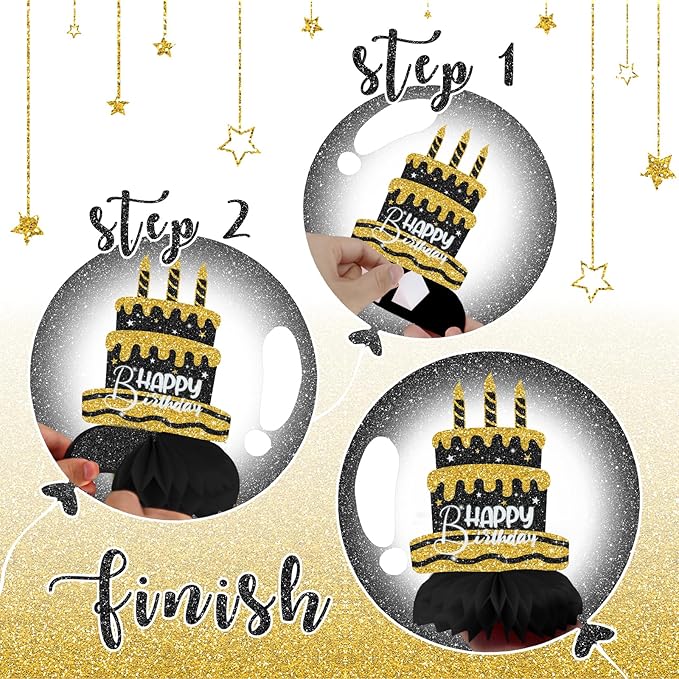 Black and Gold Birthday Decorations – 12Pcs Honeycomb Table