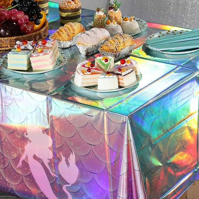 3Pcs Mermaid Iridescence Plastic Tablecloths Mermaid Laser Table