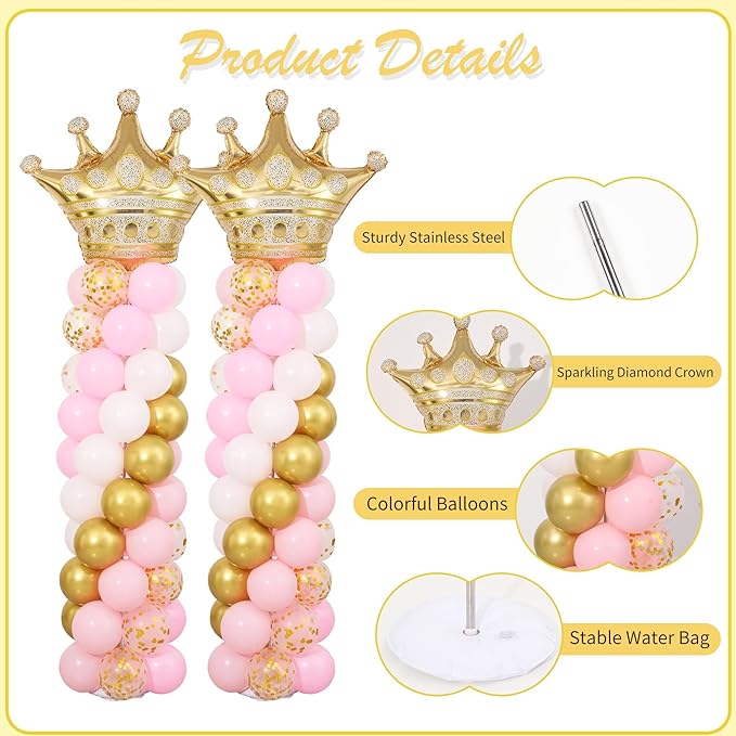 Princess Party Balloon Column Stand Kit 2 Sets 2 Crown Foil Balloons
