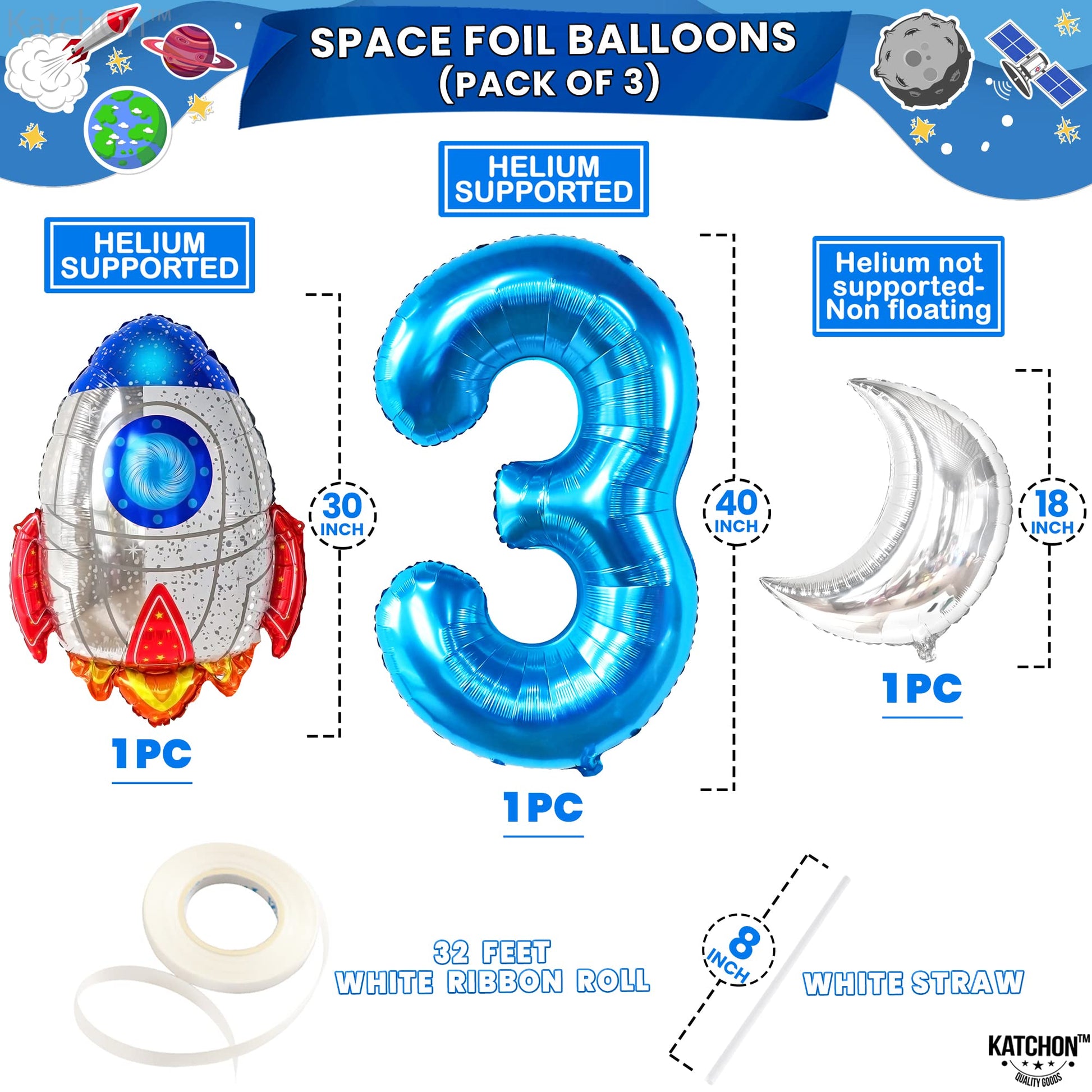 Big Outer Space 3 Year Old Birthday Balloons - Pack of 8 | 3