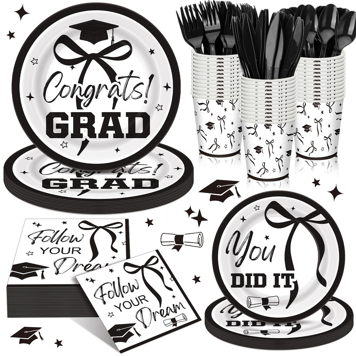 Sunnychicc 168 Pcs Black Bow 2026 Graduation Party Supplies Black
