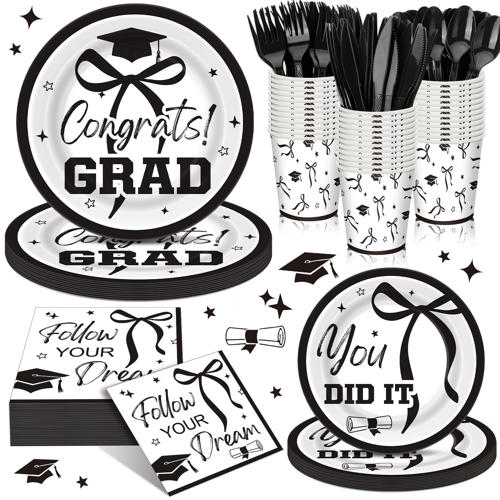Sunnychicc 168 Pcs Black Bow 2026 Graduation Party Supplies Black