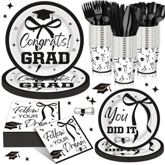 Sunnychicc 168 Pcs Black Bow 2026 Graduation Party Supplies Black