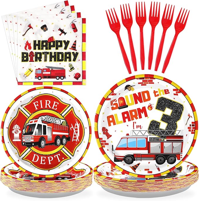 96Pcs Fire Truck 3rd Birthday Decorations Firefighter 3rd Birthday