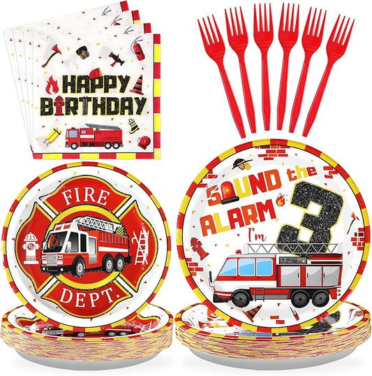 96Pcs Fire Truck 3rd Birthday Decorations Firefighter 3rd Birthday