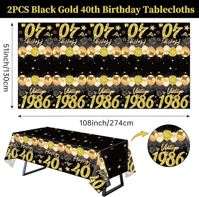 Uiorgui 2pcs 40th Birthday Tablecloth, Black Gold 40th Birthday