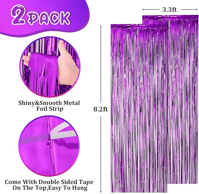 Voircoloria 2 Pack Purple Foil Fringe Backdrop Curtains, Tinsel