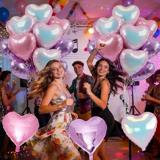 Pink Purple Iridescent Heart Balloons, 12 Pcs Light Pastel Pink