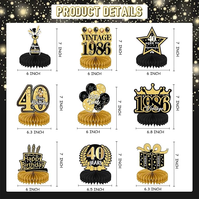 40th Birthday Party Decorations - 9Pcs 40th Birthday Honeycomb