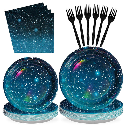 96Pcs Galaxy Party Supplies Iridescent Space Stars Birthday Plates and