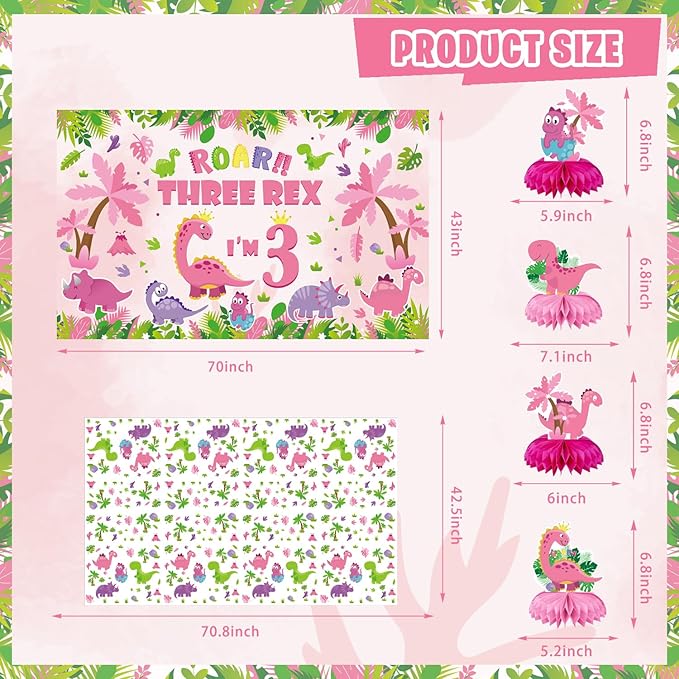 Pink Dinosaur Birthday Decorations for 3 Year Old Girls 134 Pcs