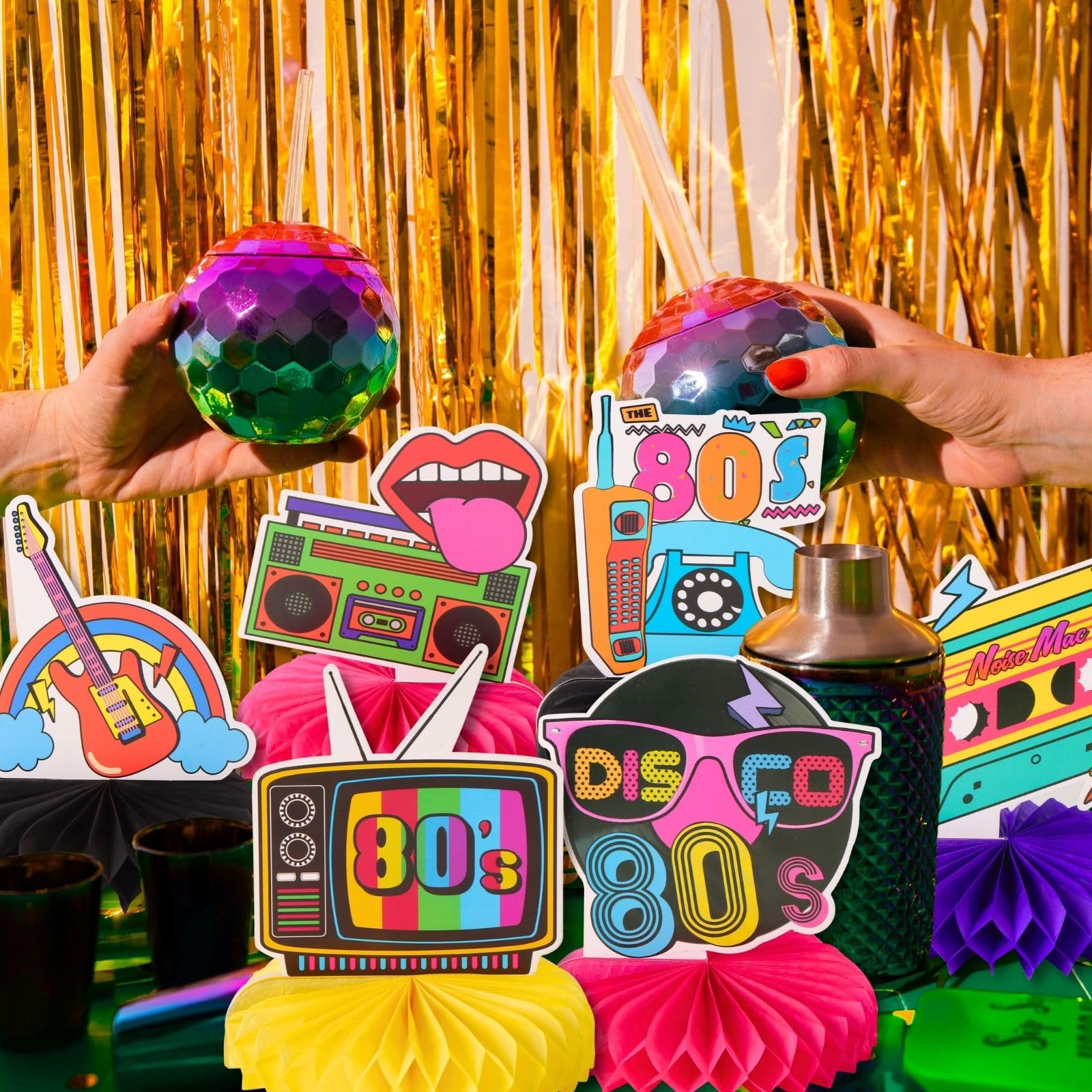 9pcs Back to the 80s Honeycomb Centerpieces for 1980s Disco Party