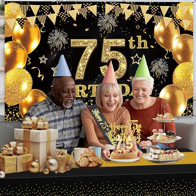 75th Birthday Decorations Men Women with 75th Birthday Banner Black