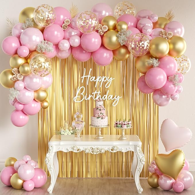157PCS Pink and Gold Balloons Garland Arch Kit with Gold Fringe