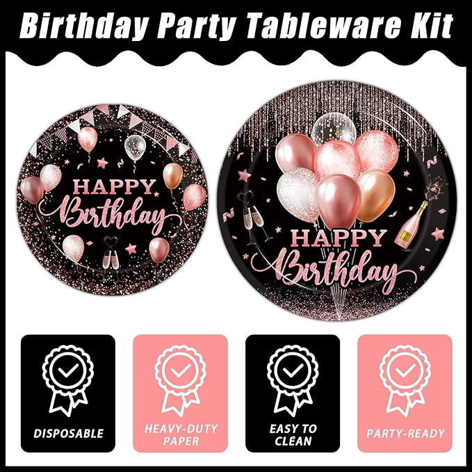96 Pcs Rose Gold Birthday Plates and Napkins Party Supplies for