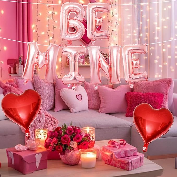 Valentines Day Balloons Decoration Rose Be Mine and Red Heart Letter