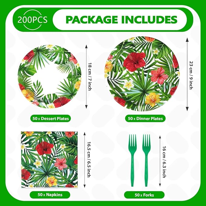 200pcs Hawaiian Luau Party Decorations Tropical Luau Plates and