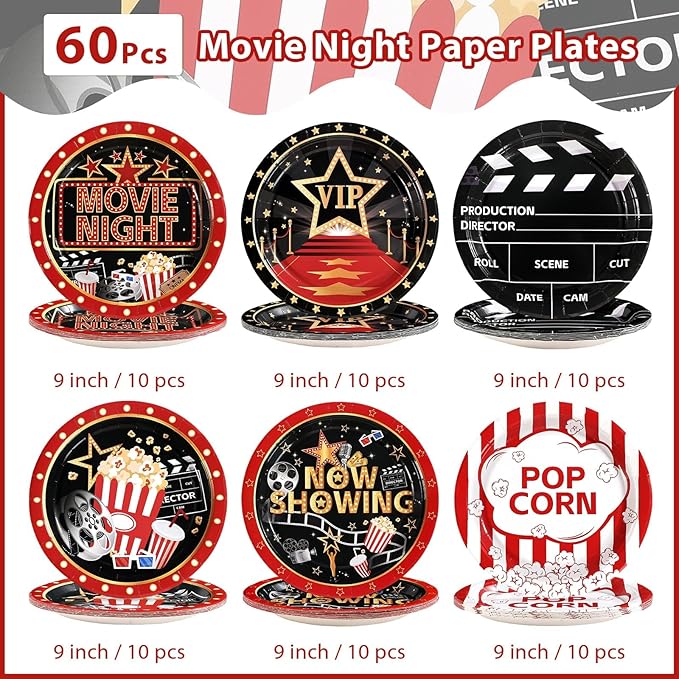 60 Pcs Movie Night Paper Plates 9 Disposable Heavy Duty Now Showing