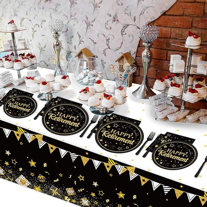 24 Guests Happy Retirement Party Supplies Black Gold Retirement