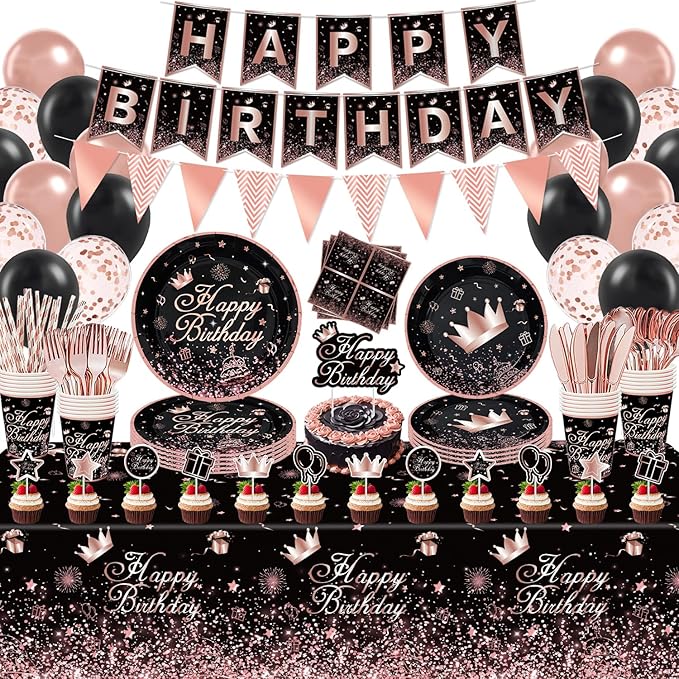 225 PCS Black and Rose Gold Party Decoration Rose Gold & Black Party