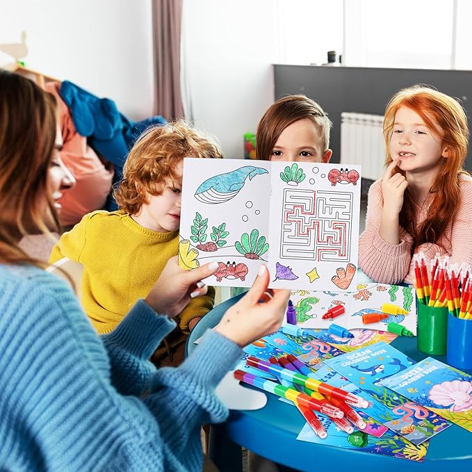 12 Under the Sea Mini Coloring Books Kids with 12 Stacking Crayons