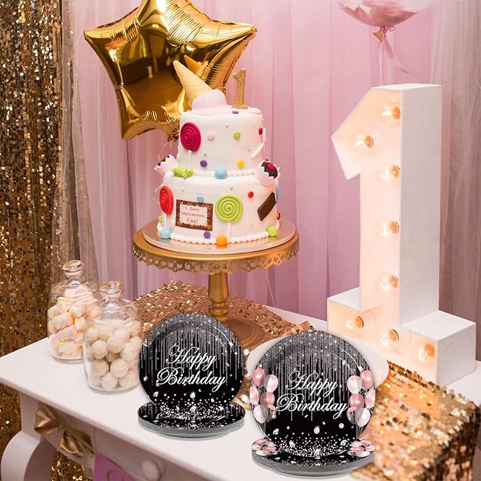 96 Pcs Black & Rose Gold Party Paper Plate and Napkins Pink Rose