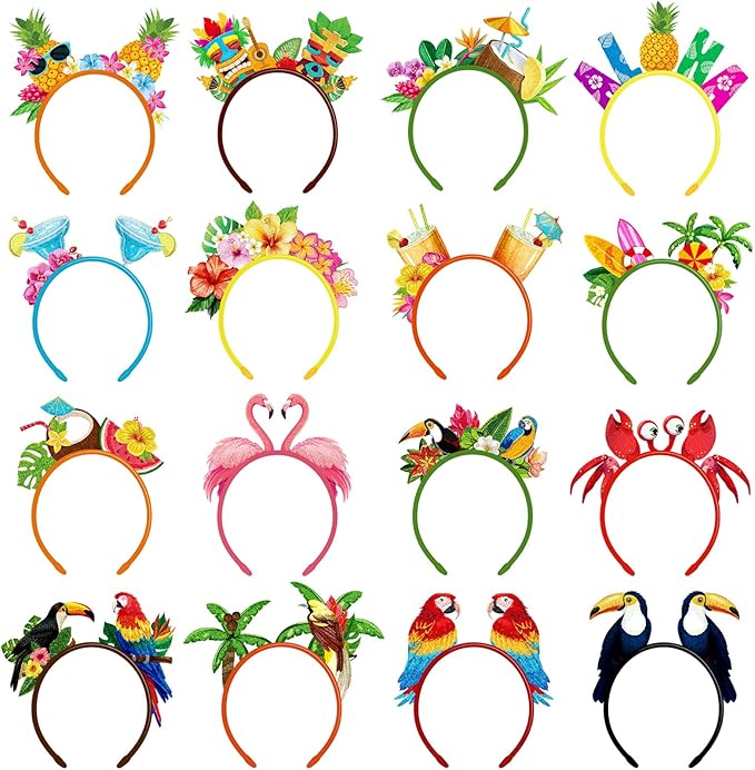 16 Pcs Hawaiian Party Headband Felt Luau Head Boppers Tiki Aloha