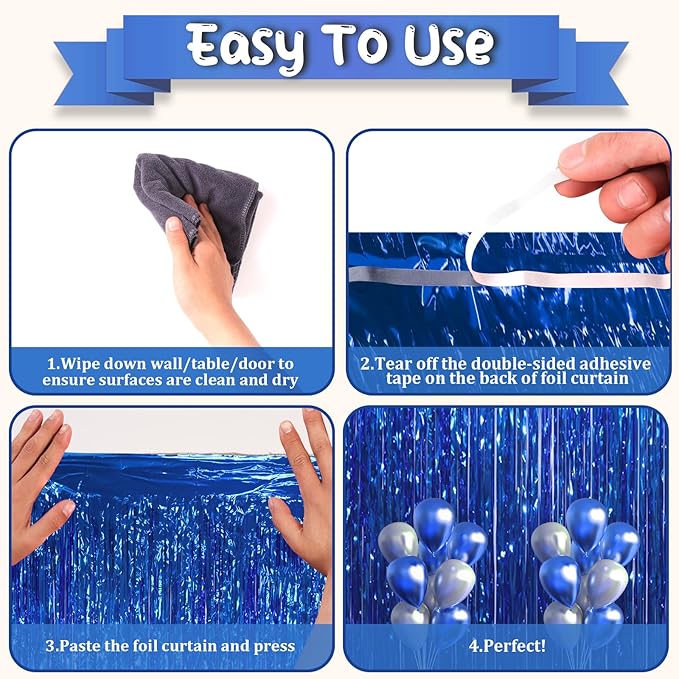 Voircoloria 3 Pack 3.3x8.2 Feet Blue Foil Fringe Backdrop Curtains,