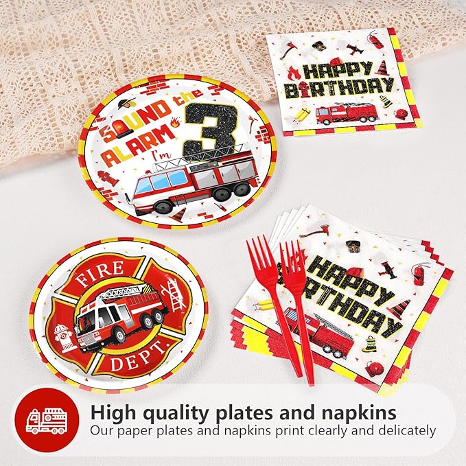 96Pcs Fire Truck 3rd Birthday Decorations Firefighter 3rd Birthday