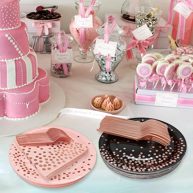 Serve 35 Guests Black and Rose Gold Party Supplies,7 Inch Black and