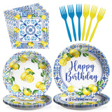 96Pcs Capri Lemon Party Supplies Blue Tiles Yellow Lemon Plates and