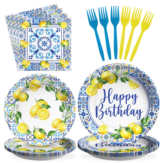 96Pcs Capri Lemon Party Supplies Blue Tiles Yellow Lemon Plates and