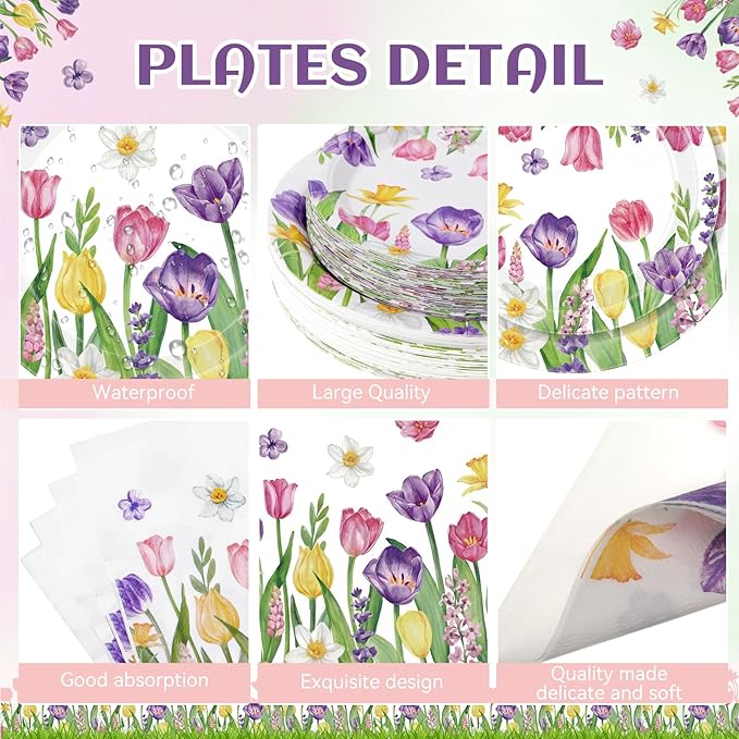 250 Pcs Tulip Floral Paper Plates and Napkins Spring Party Supplies